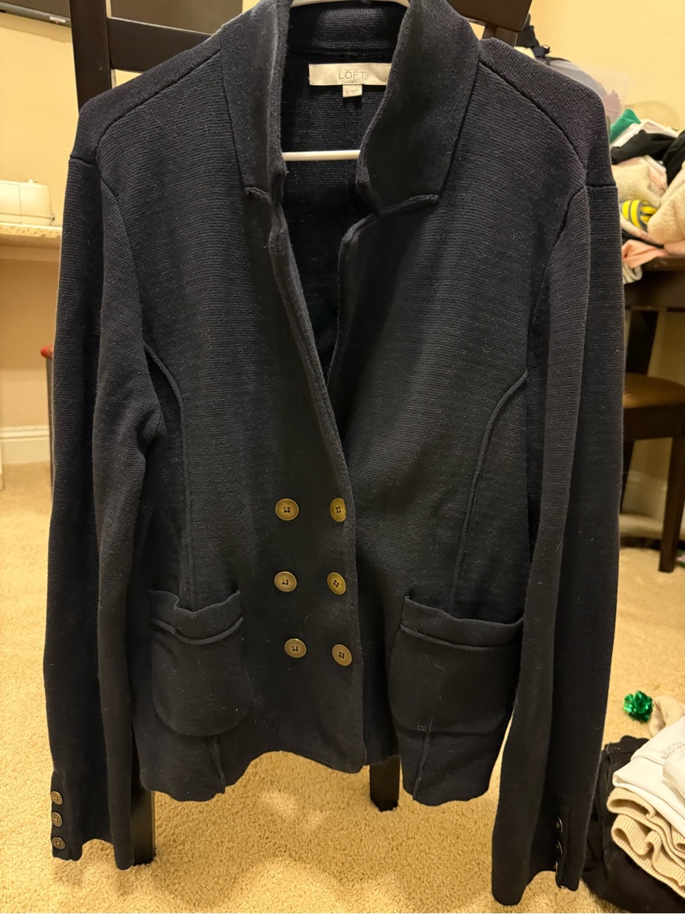 LOFT Navy Double-Breasted Knit Blazer